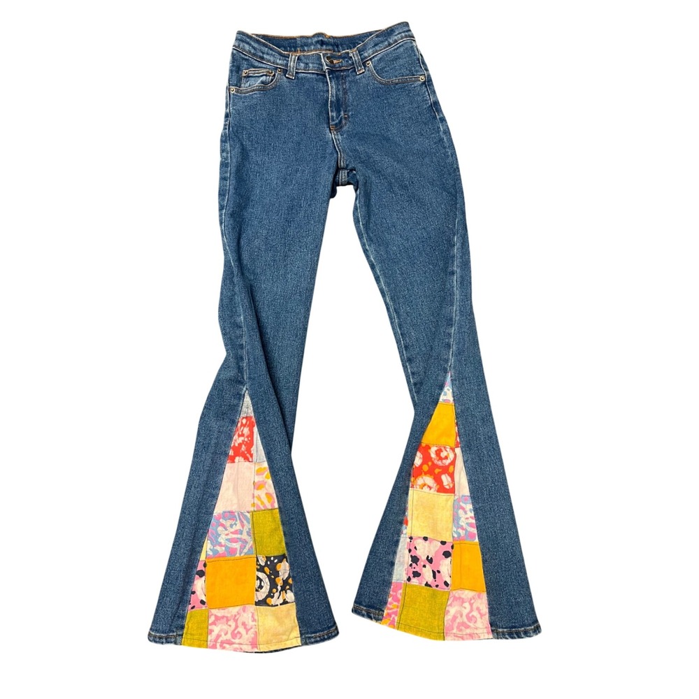 VTG Jordache Patchwork Flare Leg Jeans Jr 3 Boho Retro 90s Hippie Upcycled Artsy